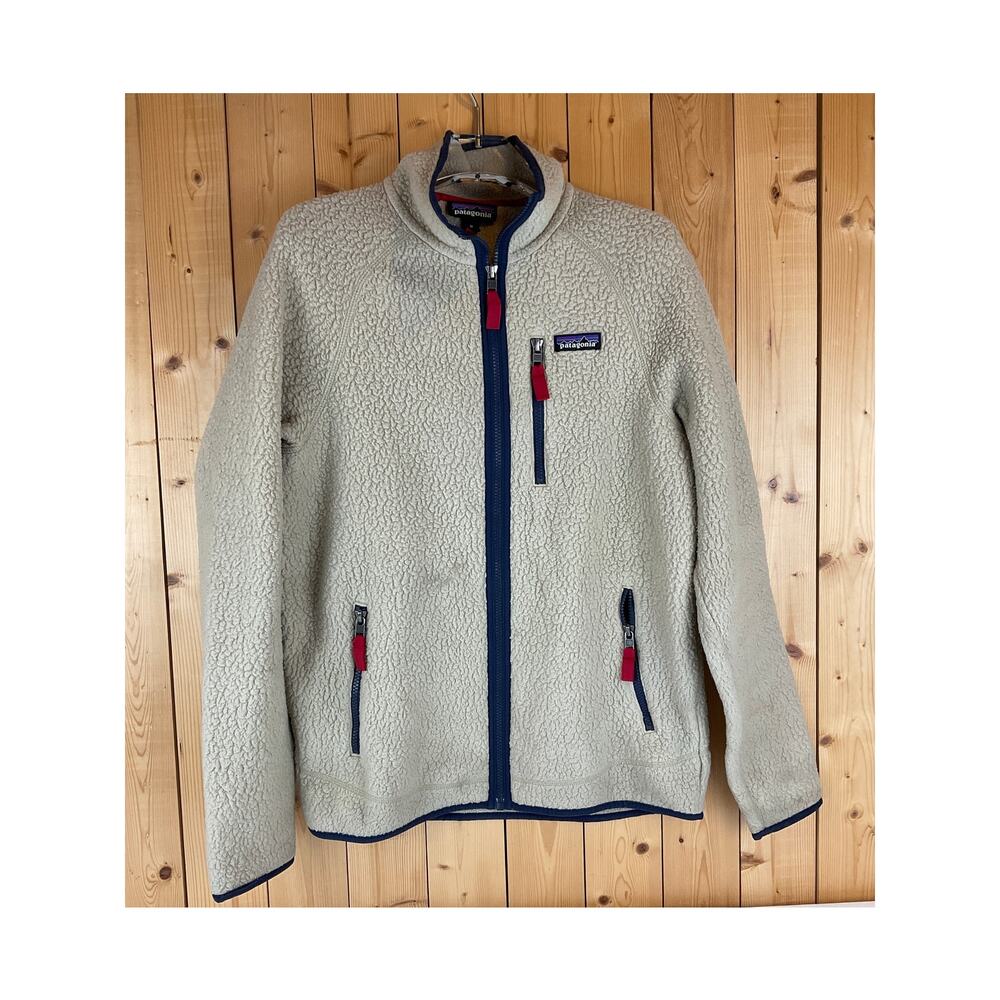 Men’s Patagonia Cream Sherpa Jacket, Navy Trim - Size M